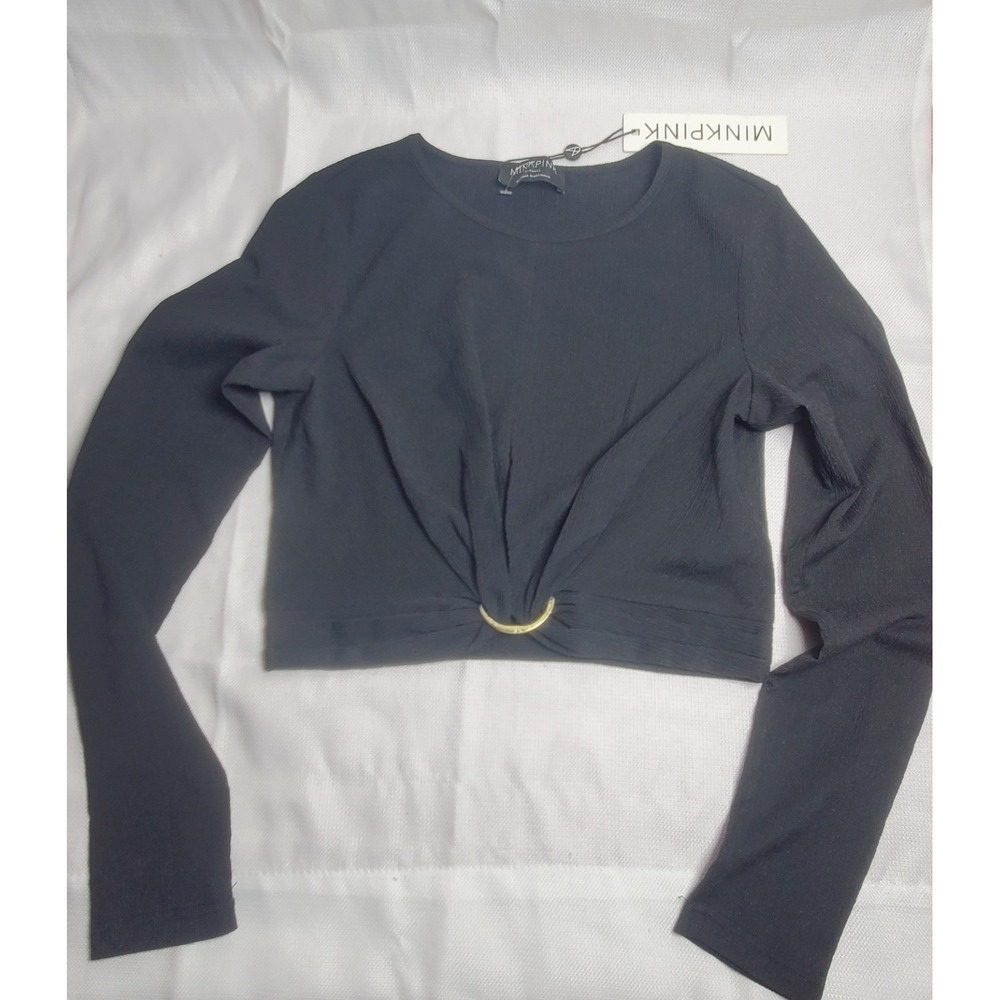 MINKPINK Black Ribbed Crop Top Long Sleeve Front Ring Detail Stretch Top NWT